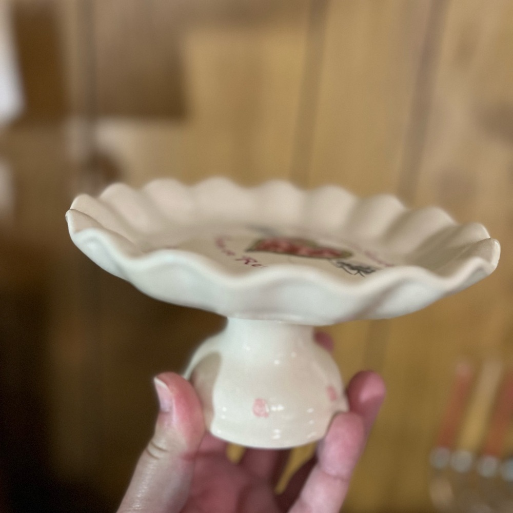Mini Floral Ceramic Cake Stand Small Catch All Dish Pedestal Tray 3 1/2”